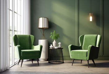 Living room interior has an green armchair on empty dark green wall background- 3D rendering
