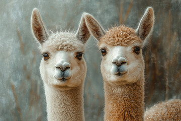 Obraz premium Stylized, abstract alpacas with glowing patterns in cream, gray, and brown,