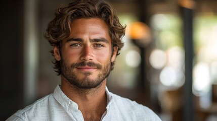 Obraz premium Young man with curly hair smiles confidently in a casual setting, showcasing relaxed atmosphere during daylight