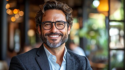 Obraz premium Professional man smiling warmly in a cafe with a modern ambiance and natural light during the daytime