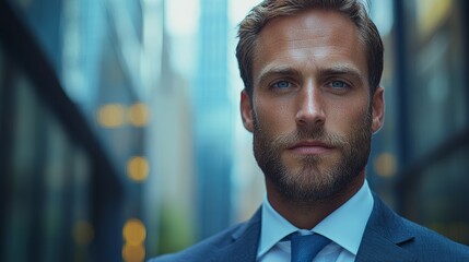 A confident businessman stands in an urban setting, surrounded by modern skyscrapers during a sunny afternoon