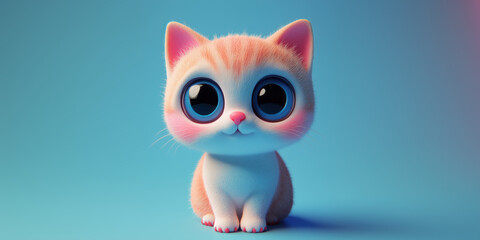 Fototapeta premium The cutest little fluffy kitten, tiny cat with adorable big blinking eyes in solid color background, surreal, 3D cartoon animation style for children animation movie film character development concept