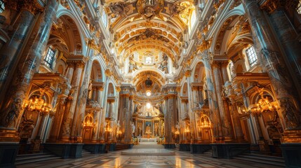 Fototapeta premium A stunning and intricately detailed interior shot of a grandiose, ornately decorated cathedral with elaborate golden accents and majestic architectural features
