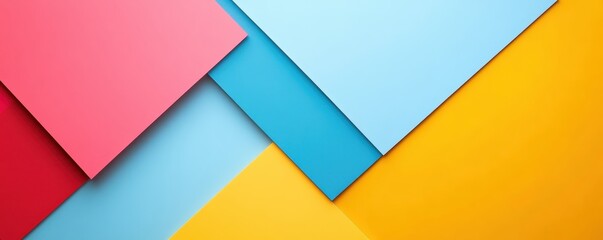 Colorful geometric abstract background with vibrant overlapping paper sheets in red, pink, blue, and yellow tones.