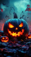 Fototapeta premium Glowing Jack o Lanterns in a spooky forest night scene