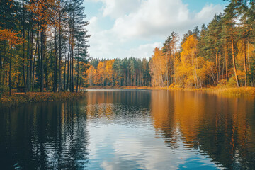Fototapeta premium Serene autumn lake, reflecting golden trees, a tranquil scene. A whisper of wind rustles the leaves, inviting peace.