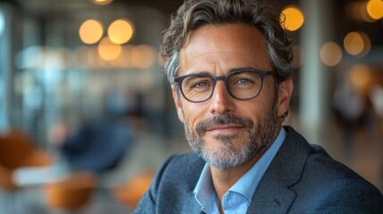 Fototapeta premium Confident man in glasses smiles warmly while seated in a modern café setting during daytime