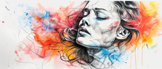  A woman's face depicted with closed eyes, adorned by multicolored paint splatters