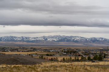 A cloudy and scenic view of the Stansbury Mountain range from Tooele, Utah.