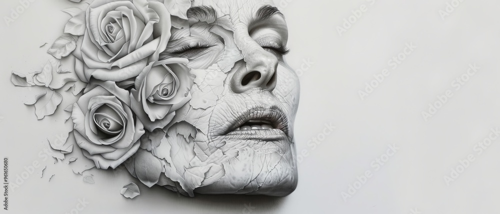 Wall mural  A woman's face adorned with roses and leaves emerging from it