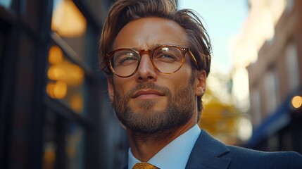 Fototapeta premium Confident businessman with glasses stands in a city street during golden hour, showcasing stylish attire and serene demeanor