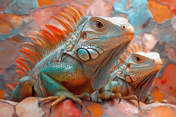 Fototapeta premium Stylized, abstract iguanas with glowing scales in green, brown, and orange,