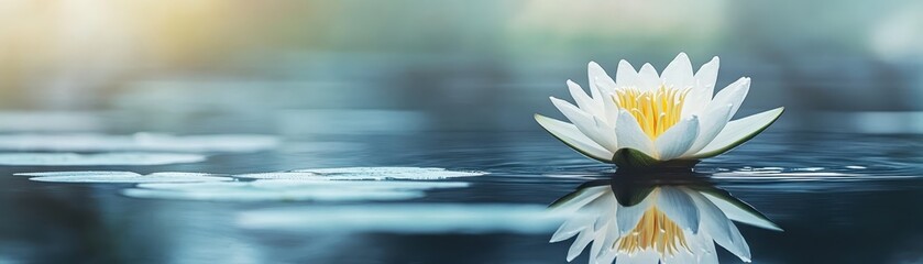 Serene white water lily on a tranquil pond with soft focus and natural light, creating a peaceful and calming atmosphere.