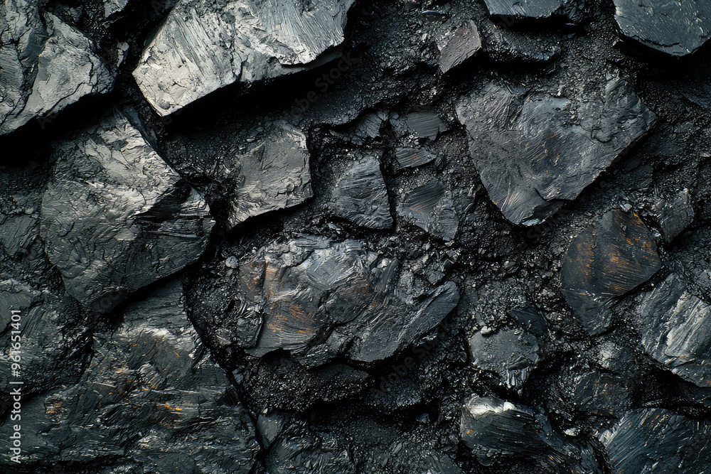 Poster a close-up look at the textured surface of coal, revealing its deep shadows and sharp contours.