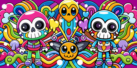 Abstract colorful graffiti background with skeleton characters. Colorful doodle illustration of skeletons