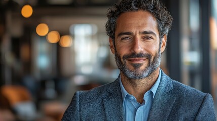Fototapeta premium Confident smiling man in a stylish suit at a modern café during the day with warm lighting and a relaxed atmosphere