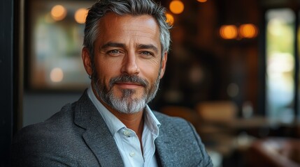 Fototapeta premium A confident man with a beard and gray hair sits in a stylish café during the afternoon