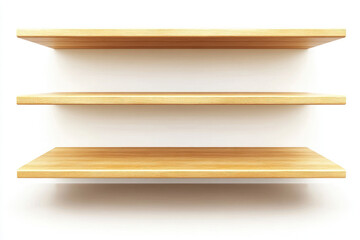 Empty wooden bookshelves isolated on white background