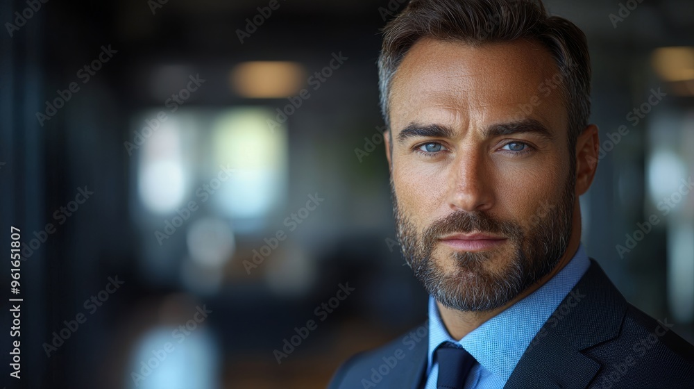 Poster a professional man in a suit poses confidently in an office environment during the day showcasing a 