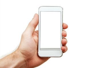 hand holding a white screen smart phone on white background