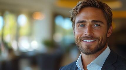 Fototapeta premium A smiling man with blue eyes in a modern cafe in the afternoon, showcasing a cheerful atmosphere and casual elegance