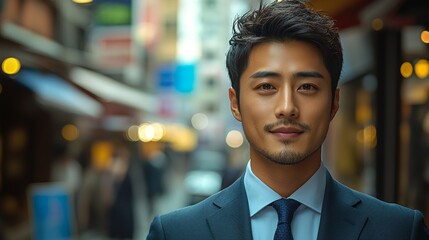 Fototapeta premium Stylish man standing confidently on a busy urban street during the late afternoon, showcasing modern fashion and city life