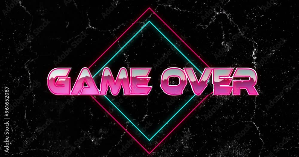 Poster game over text animation with neon geometric shapes on black textured background