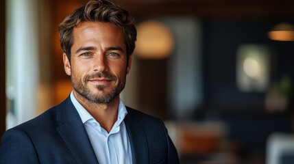 Fototapeta premium Handsome professional man wearing a suit smiles confidently in a modern office setting during daylight