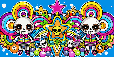 Abstract colorful graffiti background with skeleton characters. Colorful doodle illustration of skeletons © Themeaseven