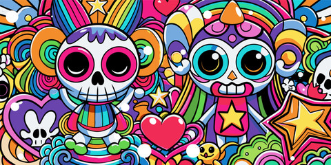 Abstract colorful graffiti background with skeleton characters. Colorful doodle illustration of skeletons