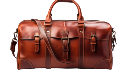 premium leather duffle bags for travel, studio view, isolated on transparent background.