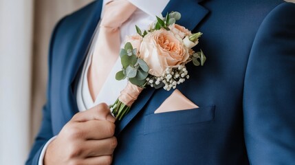 Elegant Groom in Blue Suit with Peach Boutonniere