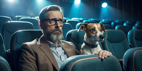 A bespectacled gent enters a sci-fi cinema, accompanied by a loyal canine companion, his intensity fitting with the