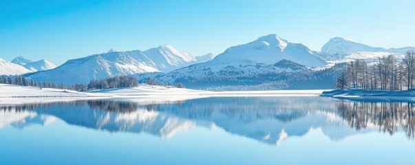 Breathtaking winter landscape with snow-covered mountains reflecting in a serene lake under a clear blue sky.