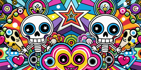 Abstract colorful graffiti background with skeleton characters. Colorful doodle illustration of skeletons