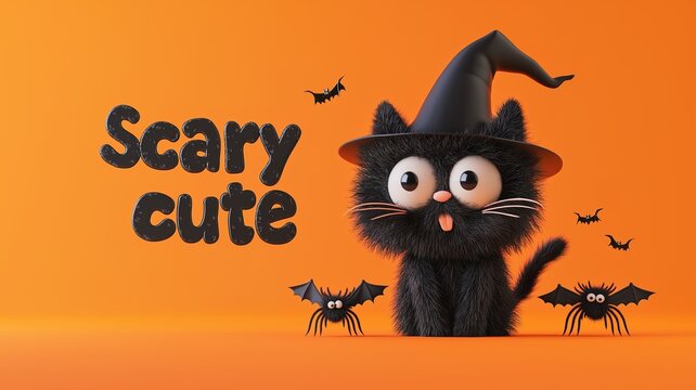 Scary cute halloween design featuring fluffy black cat and witch hat