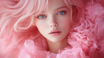 Naklejka premium Graceful woman with pink flowing hair, dressed in a pink ruffled gown, striking blue eyes, posing elegantly against a vivid pink backdrop, exuding softness and allure
