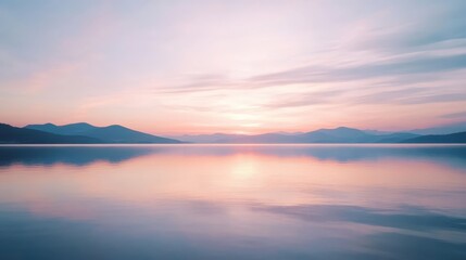 Fototapeta premium Tranquil lake scene at sunset with soft pastel colors reflecting on water and distant mountains under a serene sky.