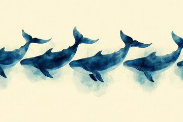 Obraz premium A composition of overlapping whale shapes in soft blues, navy, and sea greens,