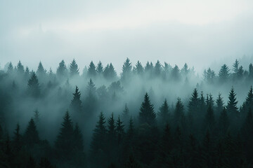 Enveloped in Mystery: A misty forest, where silence reigns and secrets hide, shrouded in an ethereal glow.