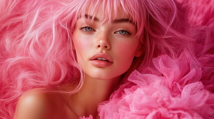 Stylish young woman with flowing pink hair and porcelain skin, posing against a vibrant pink backdrop, wearing a pink ruffled dress, her expression is soft and captivating