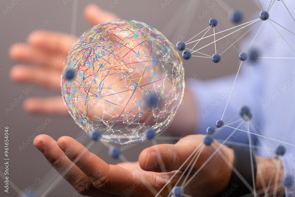 Fototapete Global network. Blockchain. 3D illustration. Neural networks and artificial intelligence. Abstract