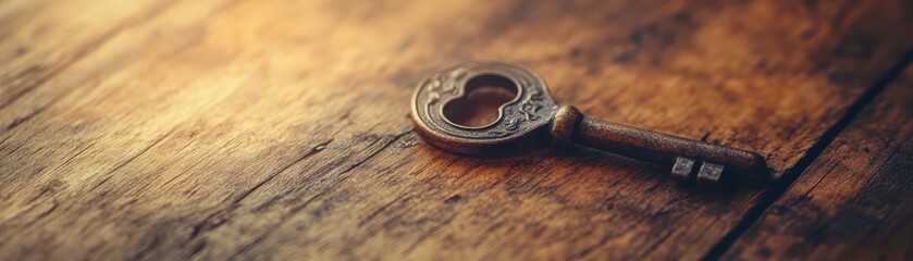 Vintage key on rustic wooden surface, symbolizing history and unlocking secrets in a mysterious, antique setting.