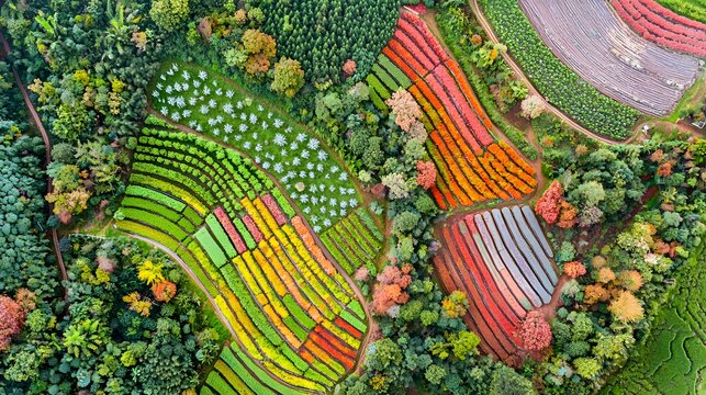 Aerial view of vibrant multi-colored agricultural fields in a lush landscape.