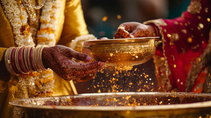 Karwa chauth- indian couple in traditional outfit, woman with puja thali