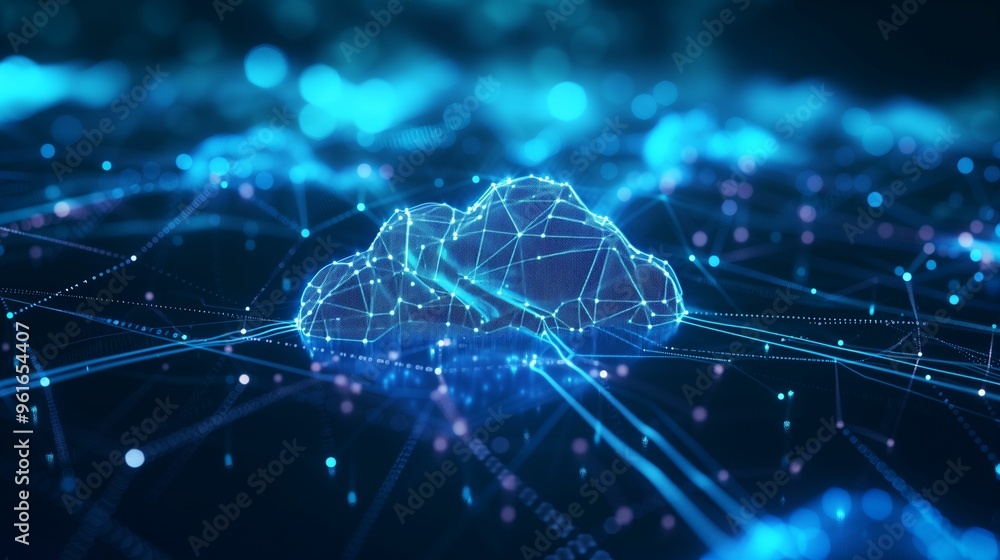 Poster digital cloud network connecting data points in a futuristic landscape
