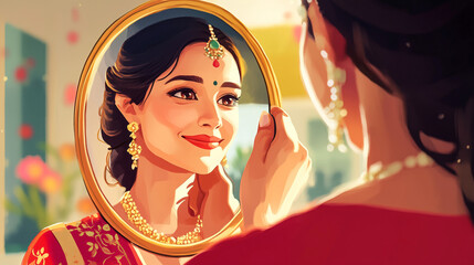 Modern woman seeing husband through seive, performing karwa chauth