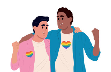 Happy gay couple hugging, spending time together. LGBTQ people with rainbow hearts. Pride month. Vector flat illustration isolated on white background