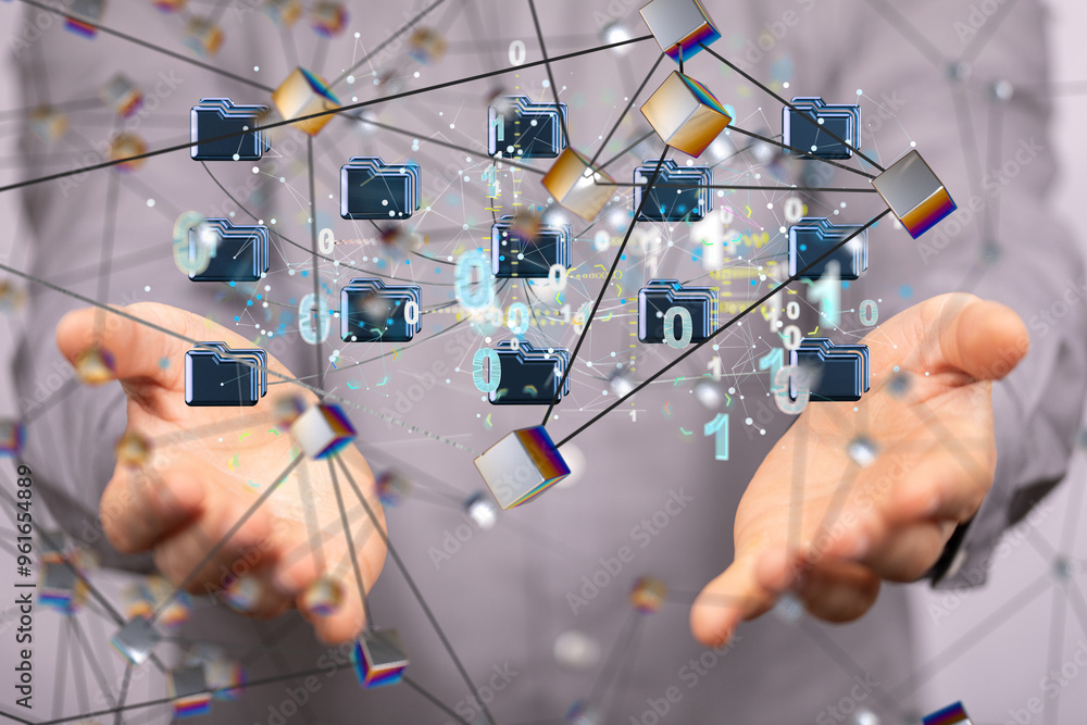 Poster Data cloud storage network from lines, triangles and particle style design.