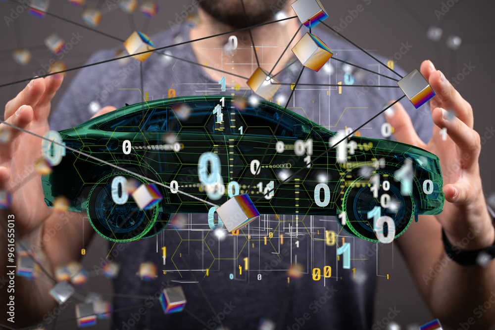 Poster Autonomous car with HUD graphic of Navigation system driving